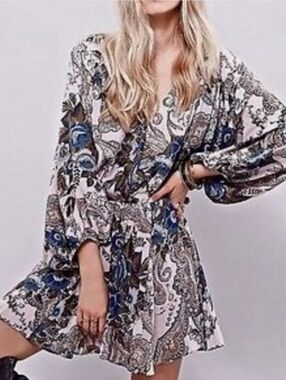 Free People High Plains Boho Ballon Sleeve Mini Dress in Paisley Print #104